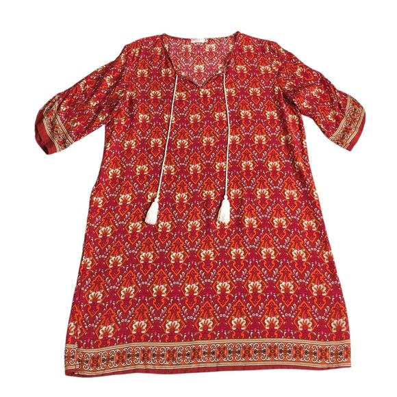 Halife Dress Womens M Red Floral Tunic‎ Swim Cover Tassel Gypsy Bohemian Western - Picture 1 of 7